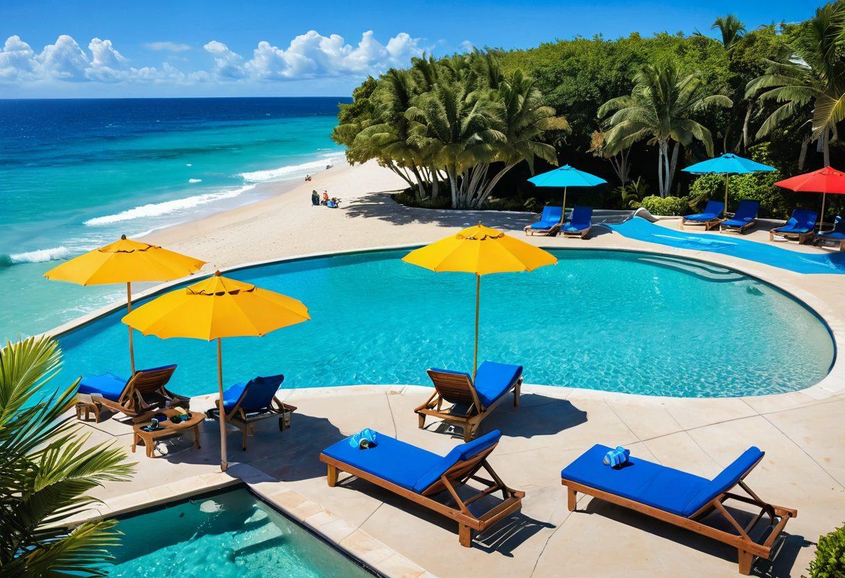 A vibrant beach scene showcasing a luxurious poolside setup on one side and a serene oceanfront on the other. Include colorful beach umbrellas, lounge chairs, tropical drinks, and people enjoying different vacation activities. Highlight the contrast between a relaxing pool environment and an adventurous ocean setting, with clear blue skies and gentle waves. super-realistic. bright colors. tropical aesthetic.
